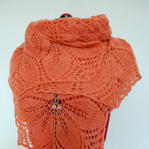 Knitted light coral lace shawl, hand knit mohair wrap shawl image 2