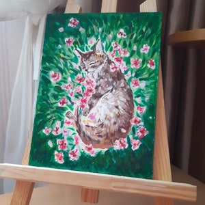 Small acrylic painting - sleeping cat, wall decor, wall ornaments, handmade gift