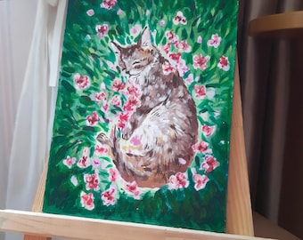 Pintura acrílica de gato durmiendo: decoración floral para pared (15 x 19 cm)