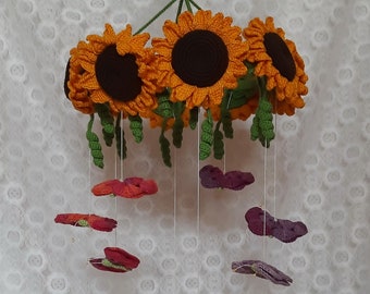 Móbile de crochê com girassóis e borboletas, lustre apanhador de sonhos, decoração para quarto infantil