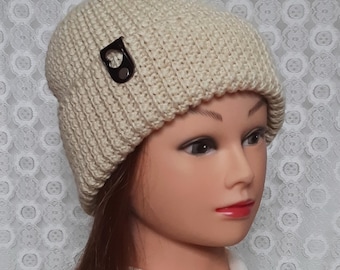Crochet Beanie: Warm Beige Wool-Blend Winter Hat