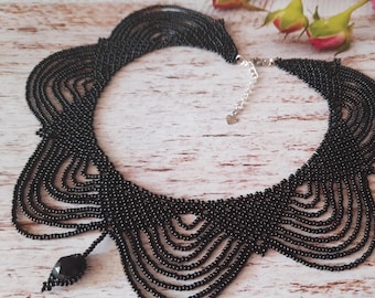 Handmade Black Seed Bead Multi-Strand Collar Necklace, Elegant Evening Jewelry