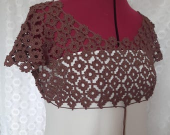 Chocolate Brown Crochet Bolero,  Women's Summer Cover Up, Boho Bridal Bolero, Short Sleeve