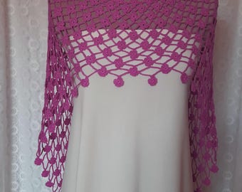 Crochet Pink Bamboo Poncho, Floral Mesh Cape, Boho Summer Shawl, Handmade Flower Wrap