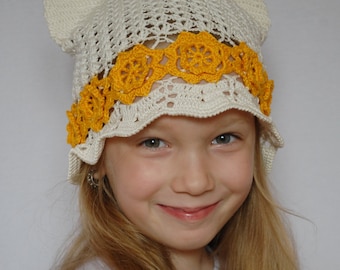 Crochet Cat Ears Panama Hat, Summer Flower Beanie