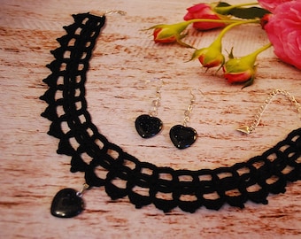Crochet Choker and Earrings Set: Black Lace Necklace with Pendant