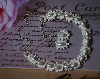 Sets of white  cotton choker and earrings, lace necklace with glass beads, gift for her