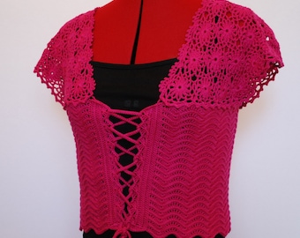 Top corsé de ganchillo con cordones: chaleco de verano de algodón magenta
