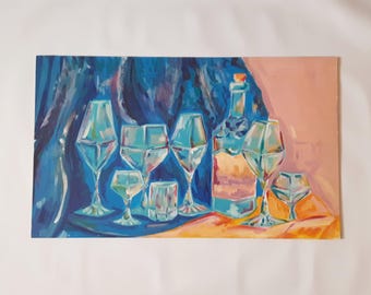 Naturaleza muerta acrílica: copas de vino, decoración de bar (30 x 50 cm)