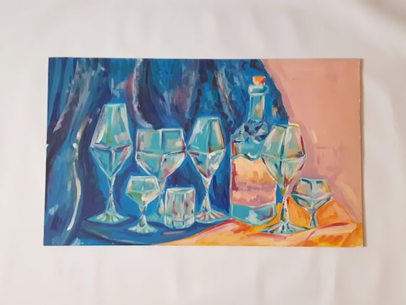 Acrylic Still Life Painting: Wine Glasses, Bar Decor (11.8x19.7")