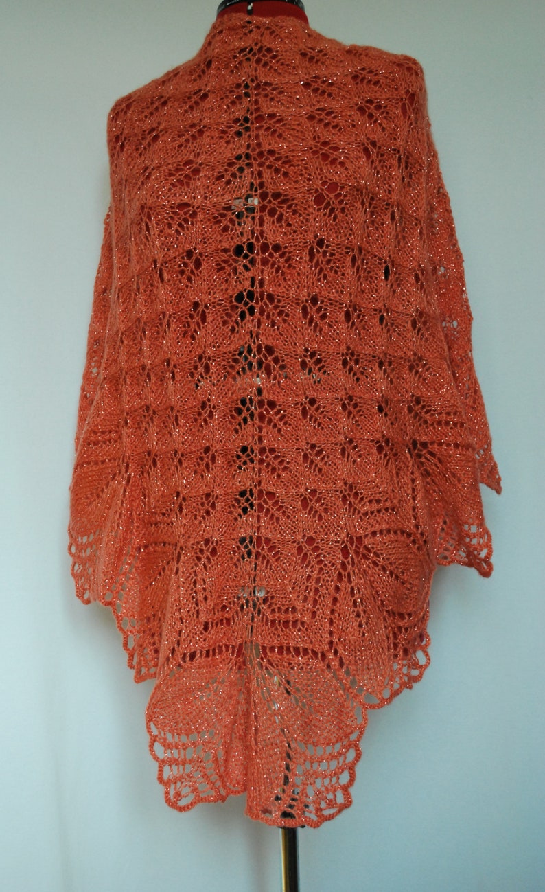 Knitted light coral lace shawl, hand knit mohair wrap shawl image 7