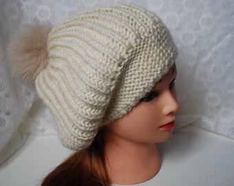 Ivory knit warm beanie hat, knit warm pom pom beanie, winter pom pom hat
