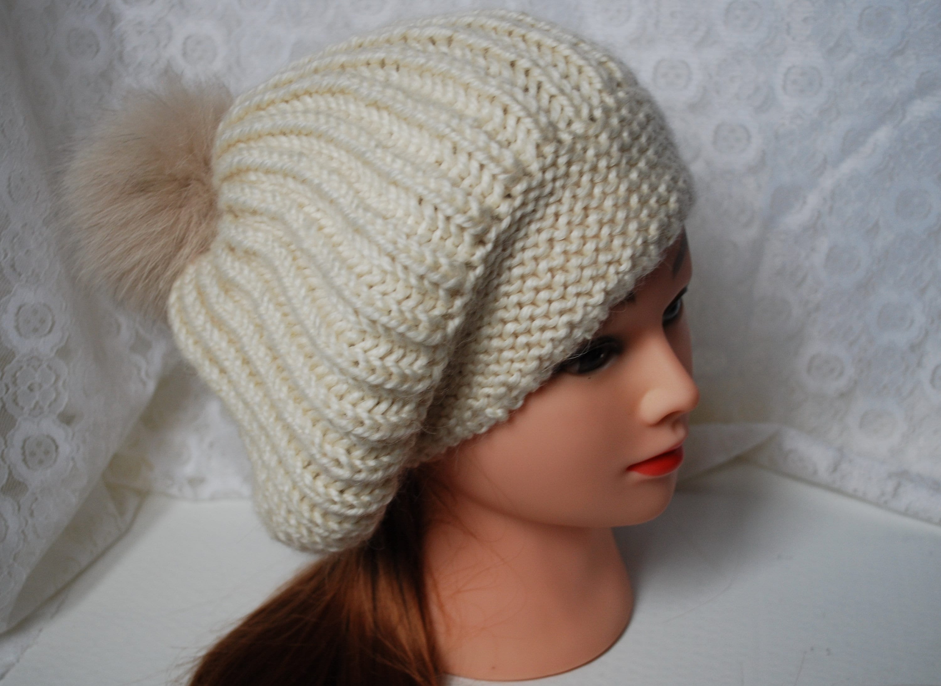 Ivory Knit Warm Beanie Hat, Knit Warm Pom Pom Beanie, Winter Pom Pom Hat - Etsy