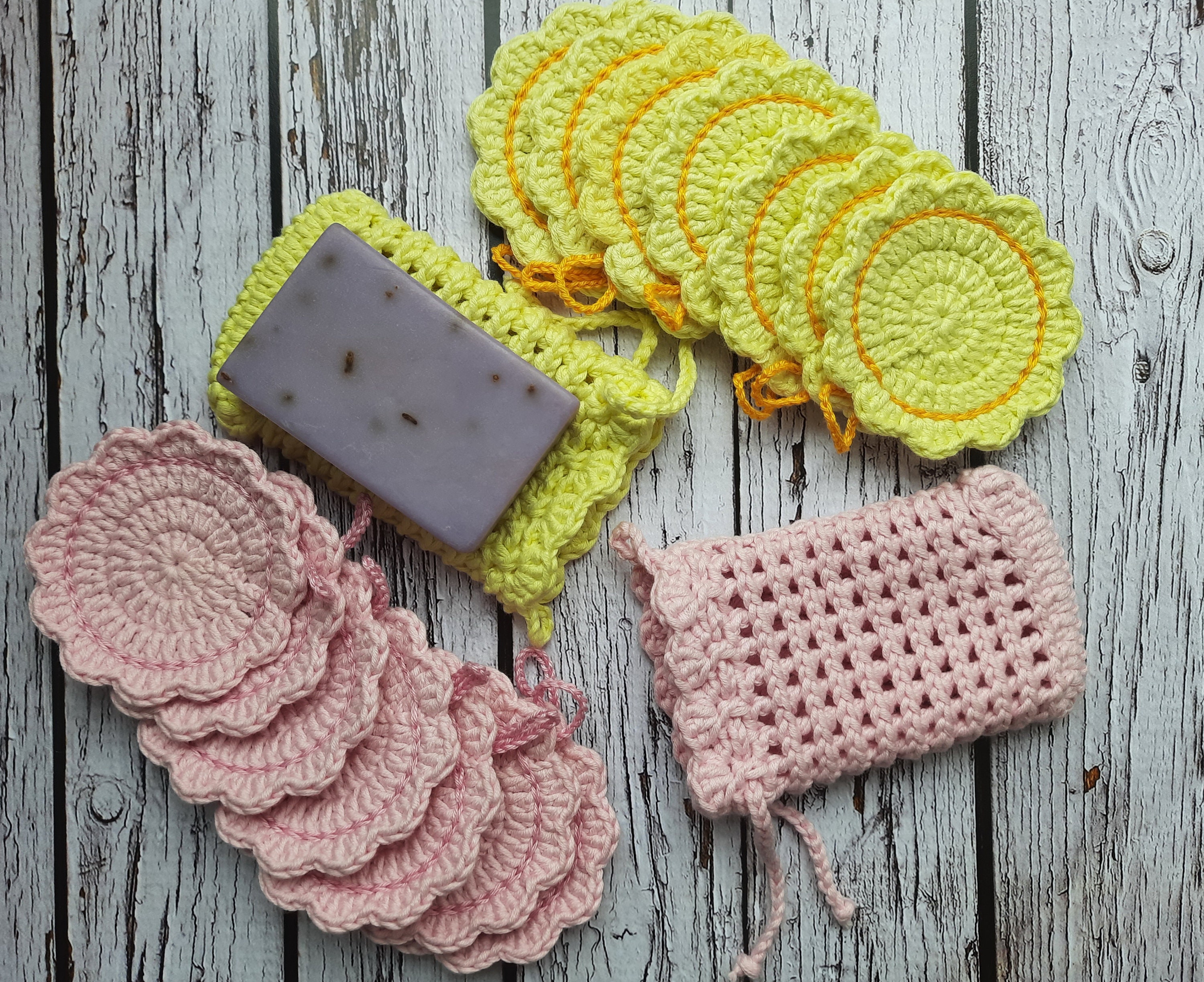 Crochet Makeup Remover Pads & Soap Saver Set: Eco-Friendly Cotton