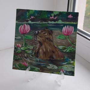 Klein acrylschilderij - schattige capibara, wanddecoratie, muurversieringen, handgemaakt cadeau