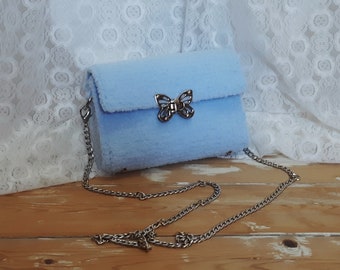 Light Blue Crochet Evening Bag - Fluffy Clutch on Canvas for Stylish Events