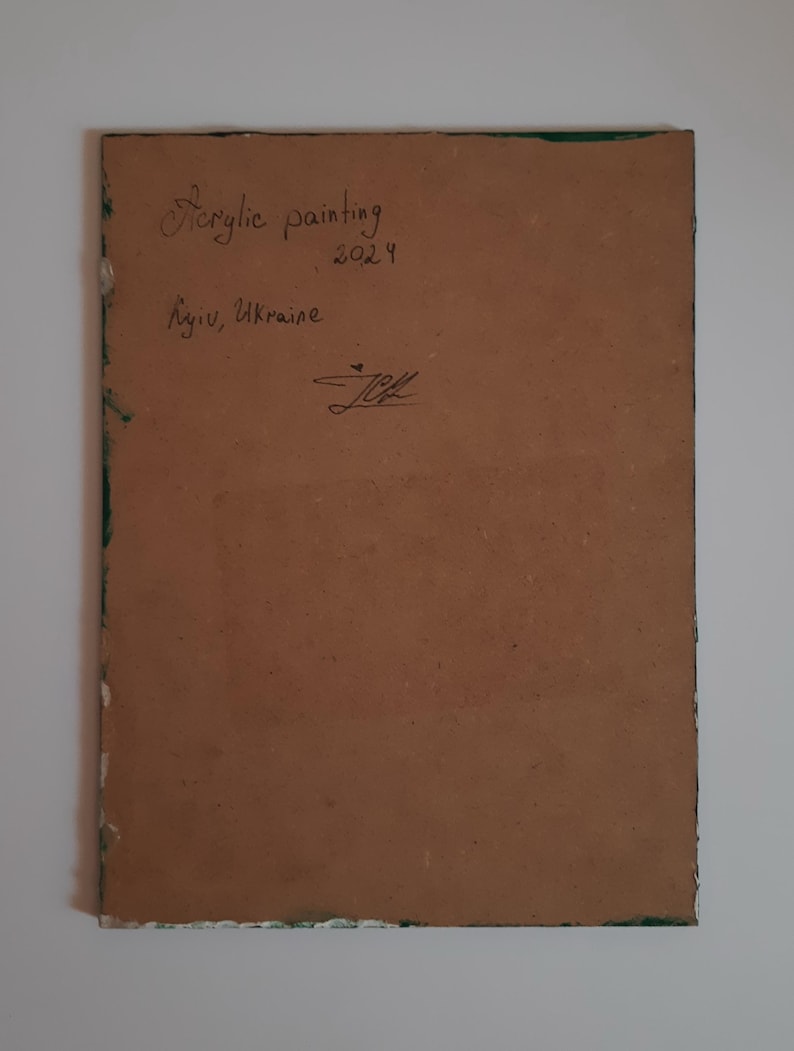 Puede incluir: Parte posterior de una pintura sobre lienzo marr&oacute;n con el texto "Pintura acr&iacute;lica 2024 Kyiv, Ucrania" y una firma.