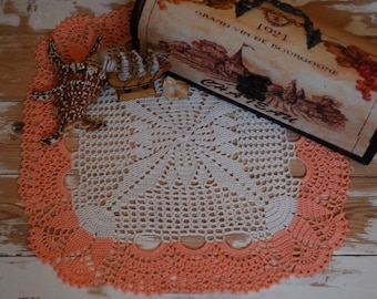 Crochet Cotton Doily: Square Peach & Ivory Tablecloth