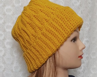 Crochet warm yellow color hat, winter beanie hat, gift for her