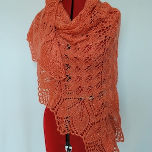 Knitted light coral lace shawl, hand knit mohair wrap shawl image 6