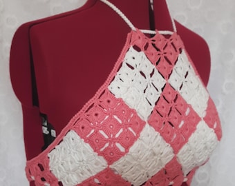 Crochet Ivory and Coral Squares Halter Top: Boho Cotton Blend Crop Top