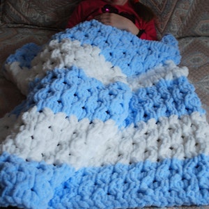 Hand Crochet Striped White Blue Blanket Soft Warm Rug Gift - Etsy