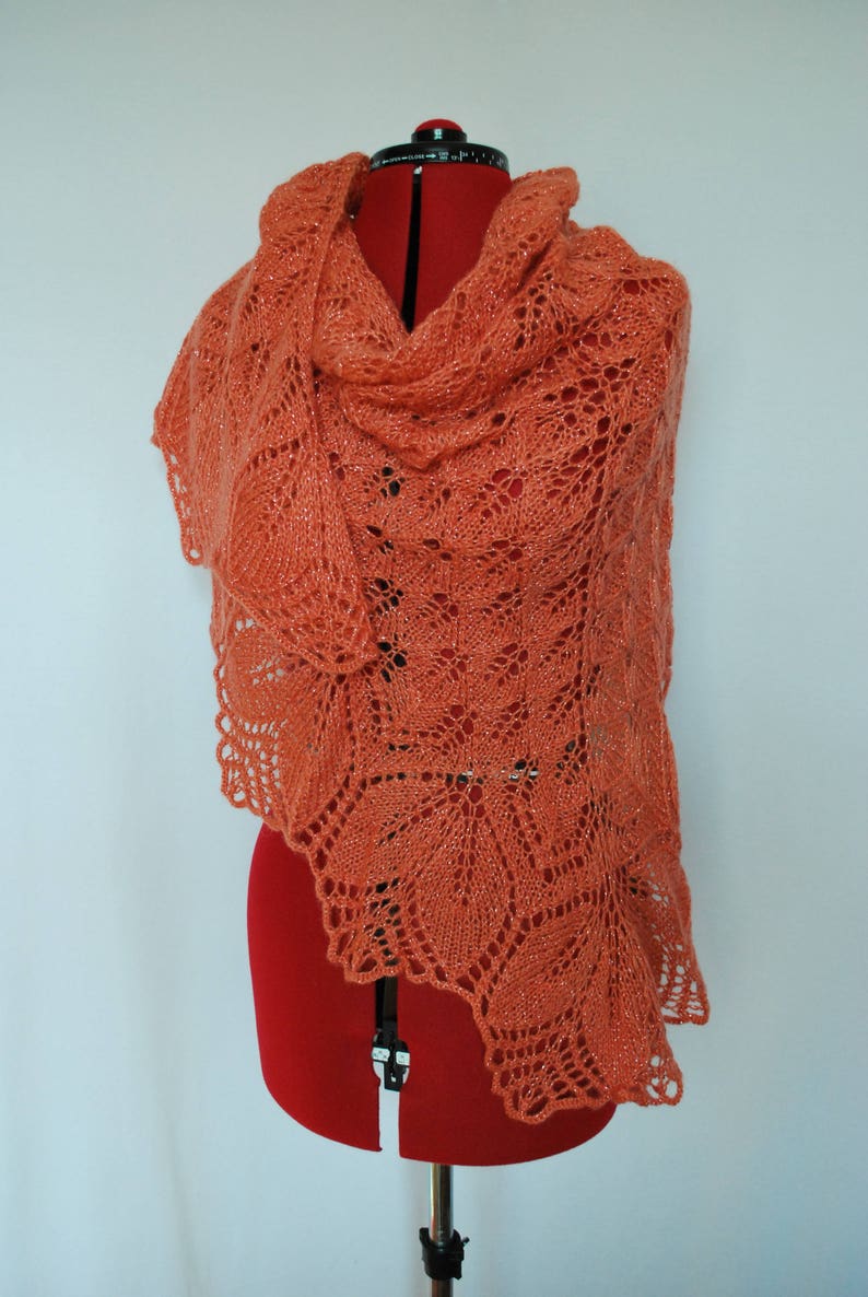 Knitted light coral lace shawl, hand knit mohair wrap shawl image 1