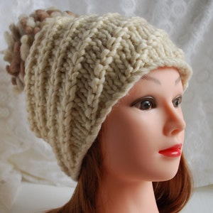 Ivory Knit Wool Beanie Hat, Knit Warm Pom Pom Beanie, Winter Pom Pom ...