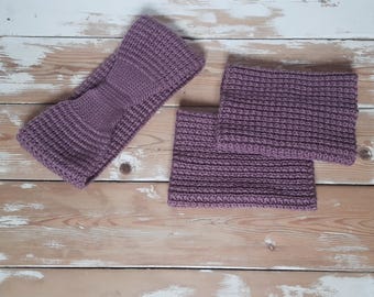 Set of Dark Lilac Hand Knit Wool Headband and Leg Warmers