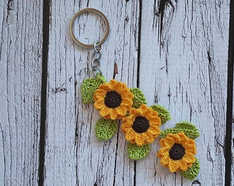 Crochet Sunflower Keychain, Handmade Sunflower Bag Decor, Hanging