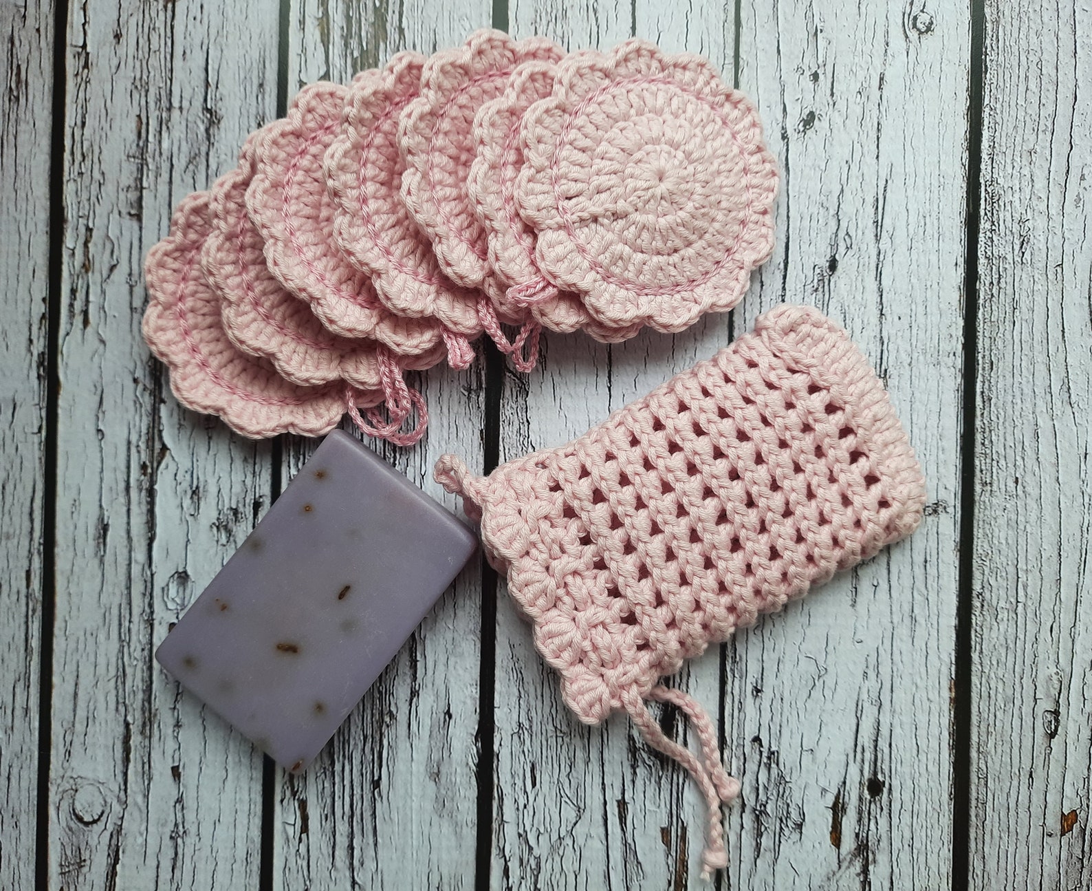 Set of 7 Crochet Makeup Remover Pads and Crochet Soap Saver, Eco