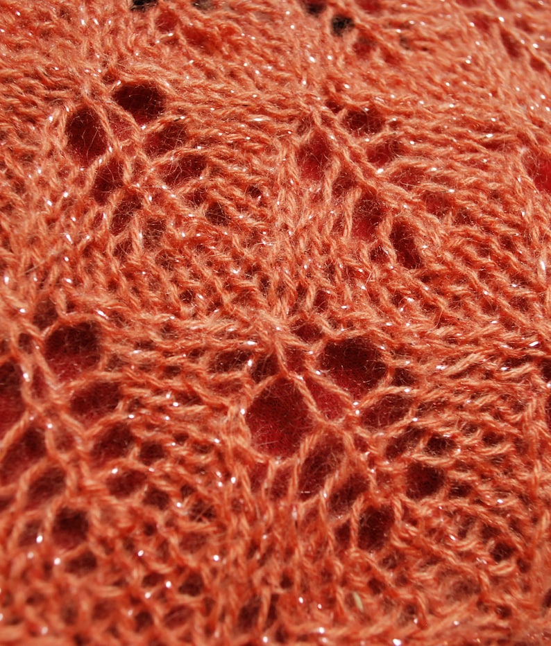 Knitted light coral lace shawl, hand knit mohair wrap shawl image 8