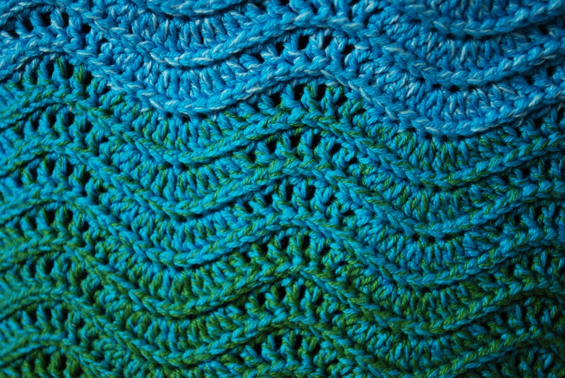 May include: Close-up of a crocheted fabric with a gradient of blue and green colors. The fabric has a textured, woven pattern.