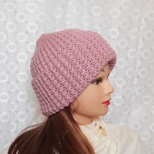 Crochet Light Pink Beanie: Wool Blend Winter Hat