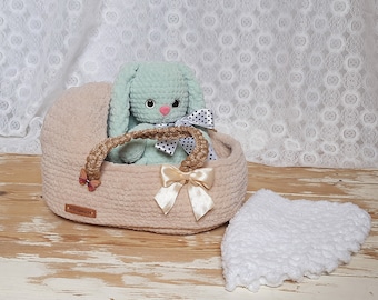 Soft Crochet Doll Cradle: Toy Bassinet with Blanket & Pillow