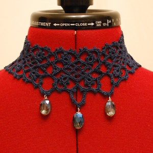 Handmade Dark Blue Crochet Choker: Beaded Lace Necklace