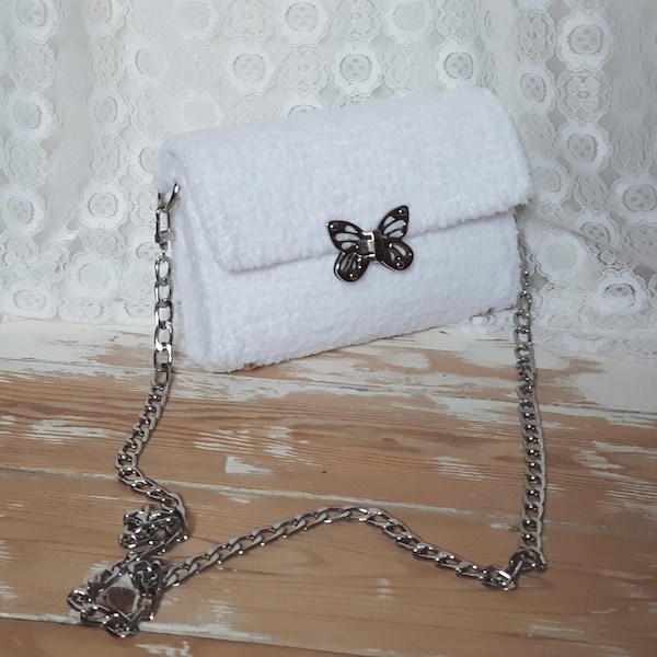 Crochet fluffy small clutch, white crochet evening cross-body bag