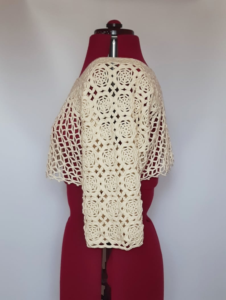 Gehaakte ivoorkleurige bolero top, gehaakte bolero met 3/4 mouwen, cadeau voor haar afbeelding 4