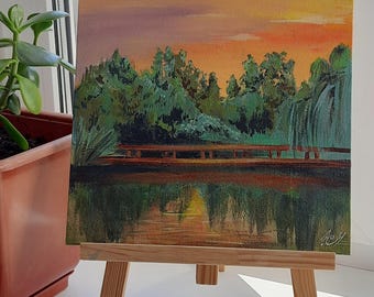 Pequeño paisaje acrílico: Escena al atardecer en el lago, arte mural hecho a mano