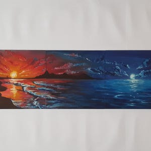 May include: A painting depicting a seascape with a vibrant sunset on the left side and a moonlit night on the right side. The sky is filled with clouds, and the ocean is a deep blue with waves crashing on the shore.