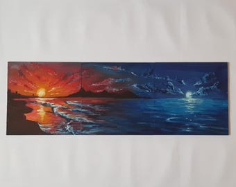 Tríptico de paisaje marino: pintura acrílica: decoración de pared hecha a mano