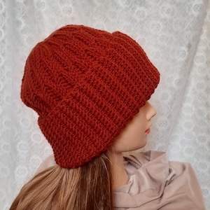 May include: A rust-colored knitted beanie hat with a slouchy fit. The hat is made of a soft, textured yarn.