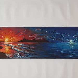 May include: A three-panel painting depicting a seascape with a sunset on the left panel and a moonlit night on the right panel. The middle panel shows the transition between the two.