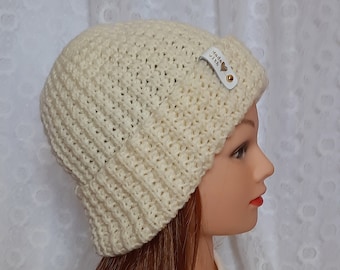 Crochet warm ivory color hat, winter beanie hat, gift for her