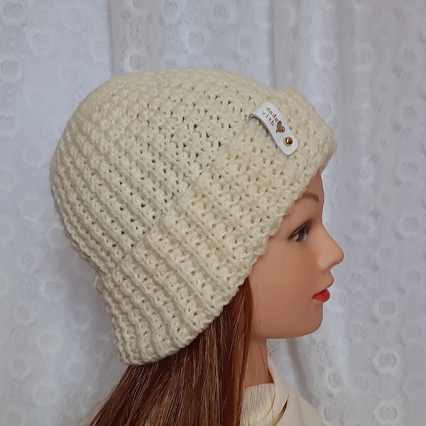 Gorro de ganchillo: Gorro de invierno cálido de mezcla de lana color marfil