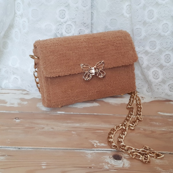 Crochet fluffy small clutch, light brown crochet evening cross-body bag
