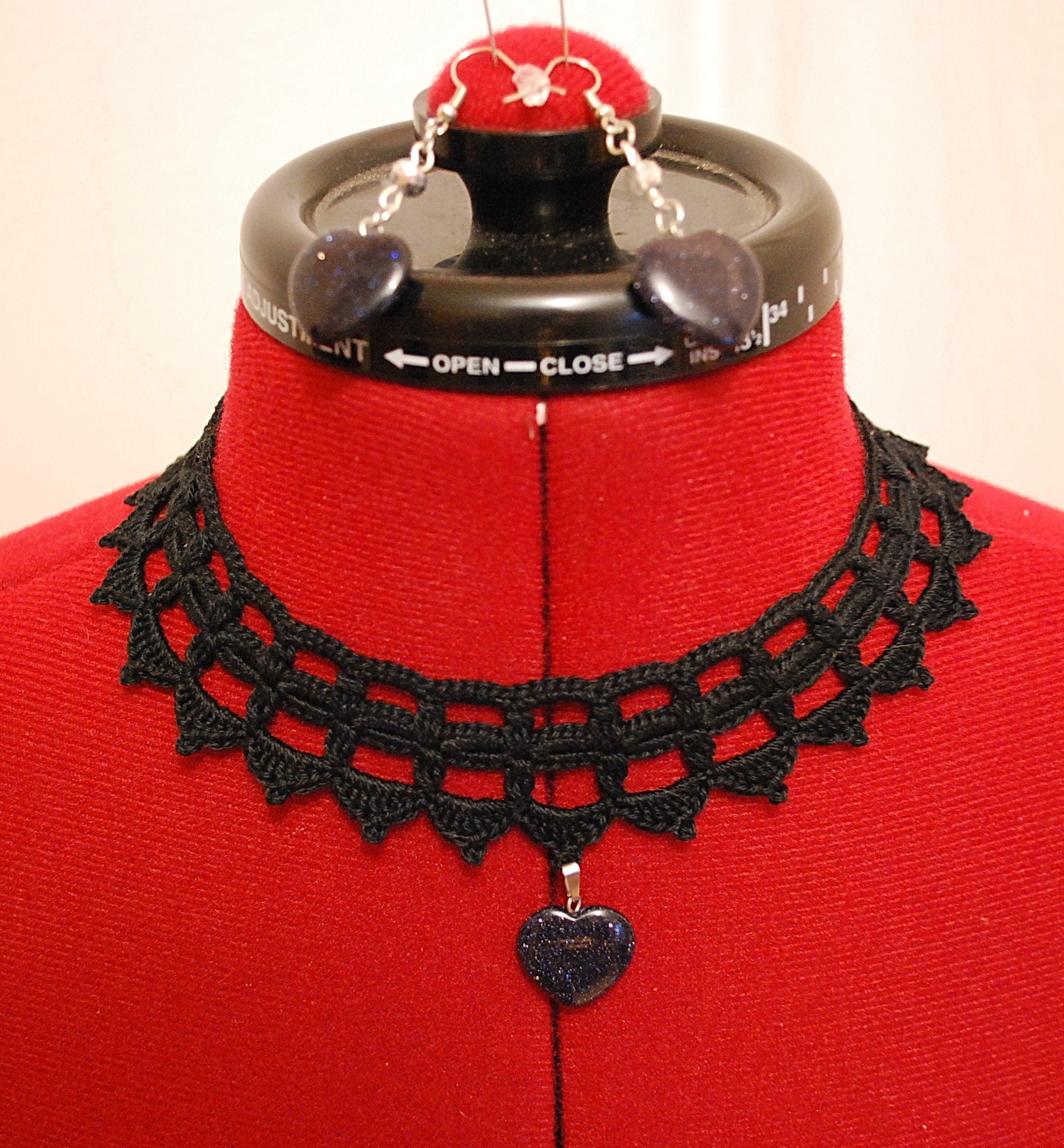 Crochet Choker and Earrings Set: Black Lace Necklace With Pendant - Etsy