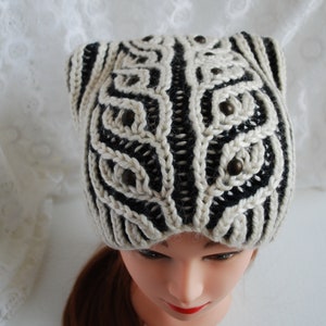 Knit cat ear beanie hat, knit pussycat hat, winter knit hat White-black