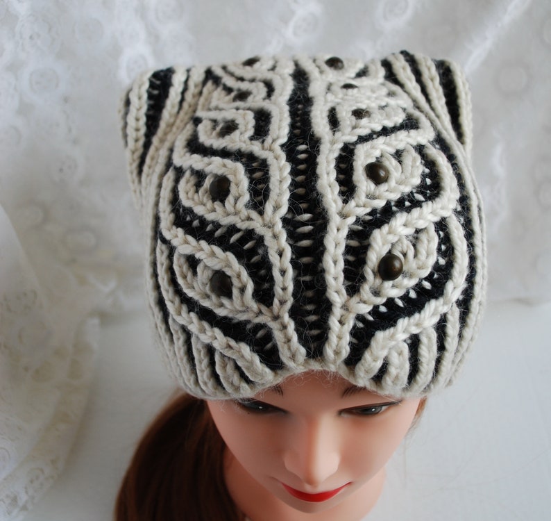 Knit cat ear beanie hat, knit pussycat hat, winter knit hat White-black