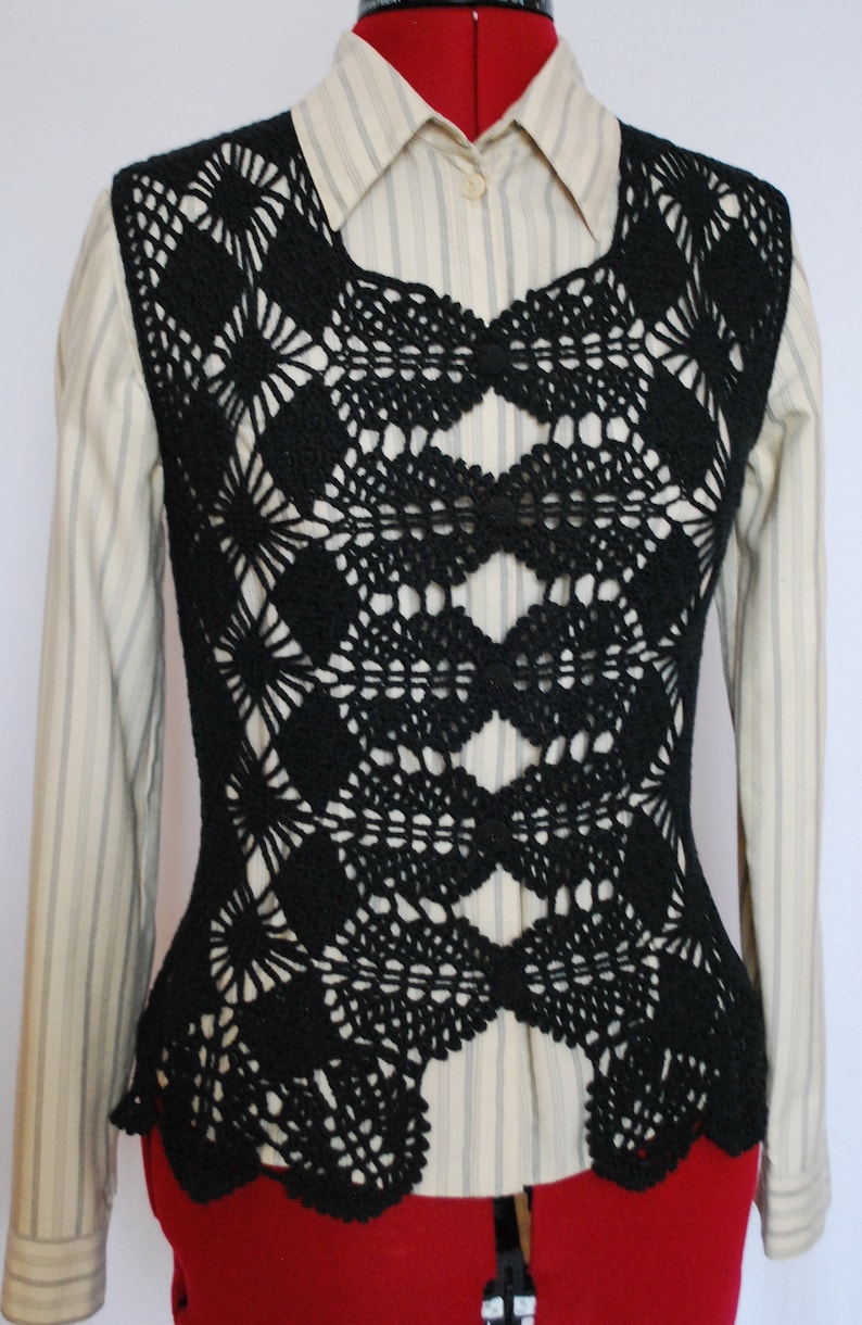 Black cotton crochet lace woman vest, summer lace black openwork woman vest, gift for sister image 2